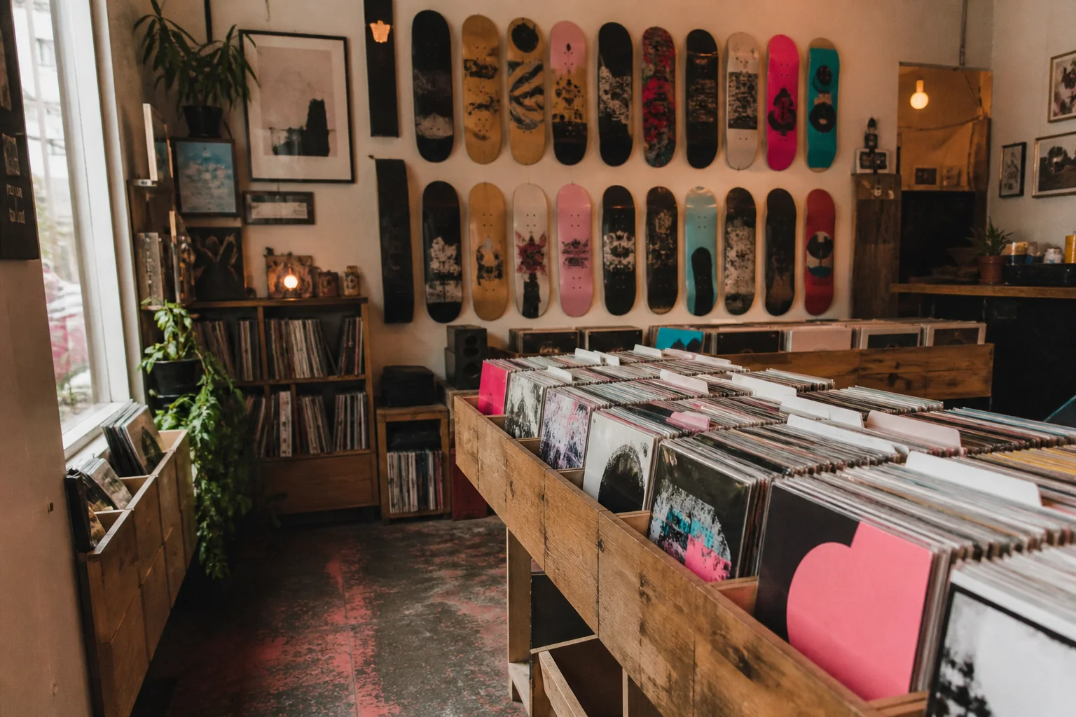 Wooden record bins and a colourful skateboard deck wall in an imagined independent shop