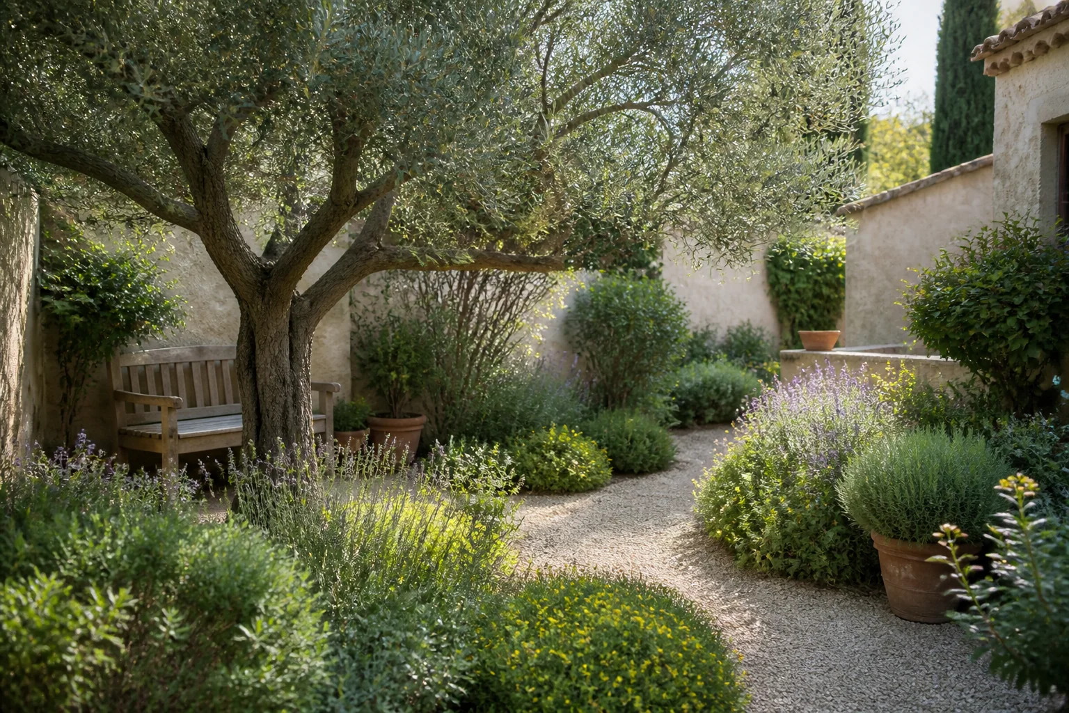 An inviting garden with a curved gravel path, olive tree and a bench among flowering plants