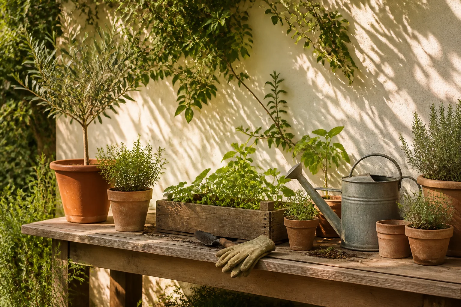 Terracotta pots, garden tools and a watering can on a sunlit potting bench