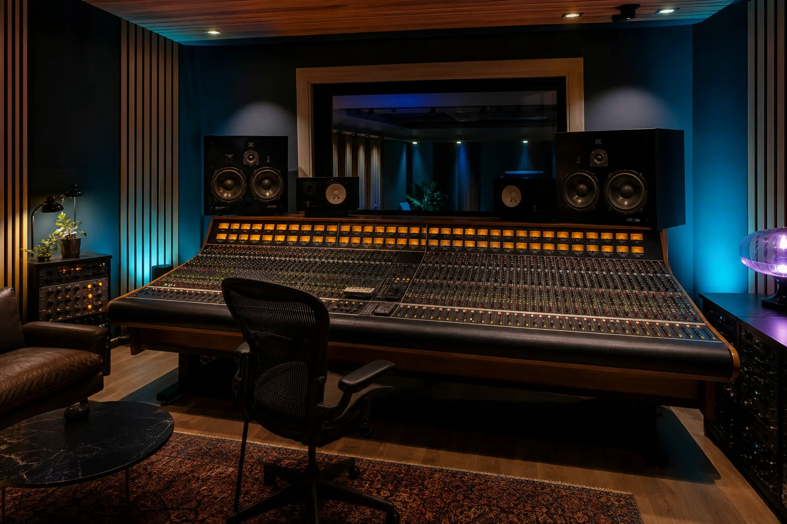 A mixing console in an intimate music studio with cyan lighting and wood acoustic panels