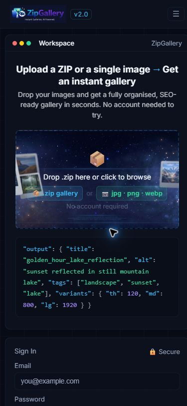Mobile view of the ZipGallery website
